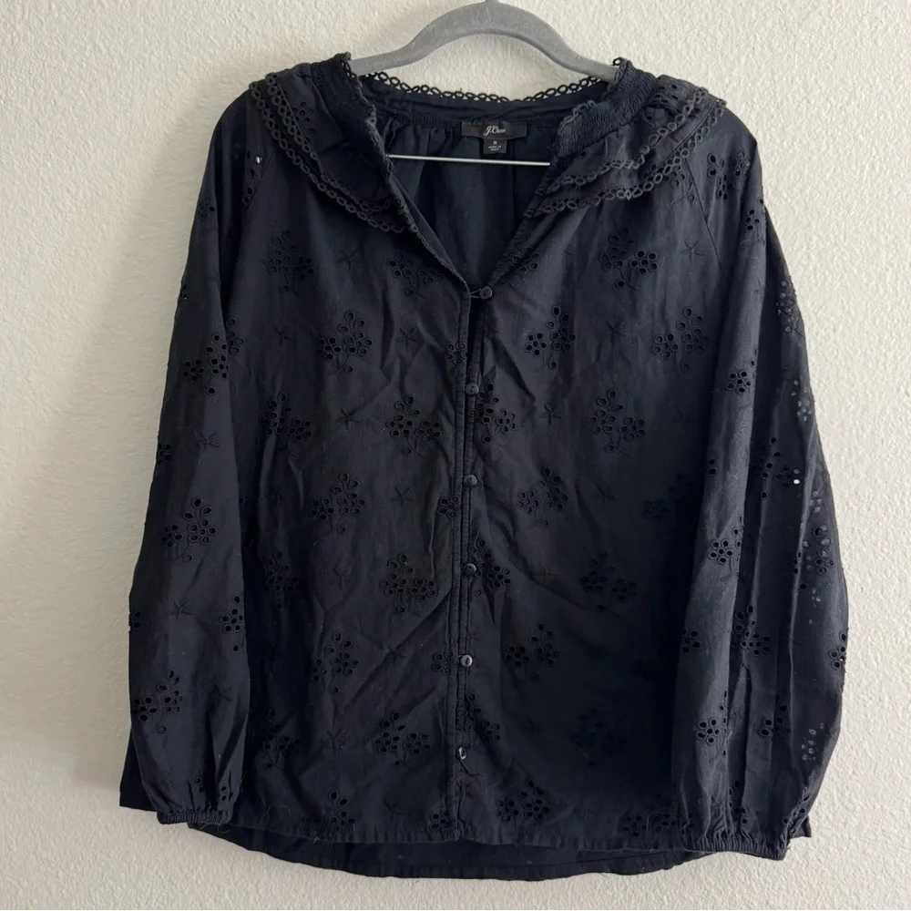 J.Crew Women’s Black Eyelet Peasant/Ruffle Collar Button Down Blouse Top